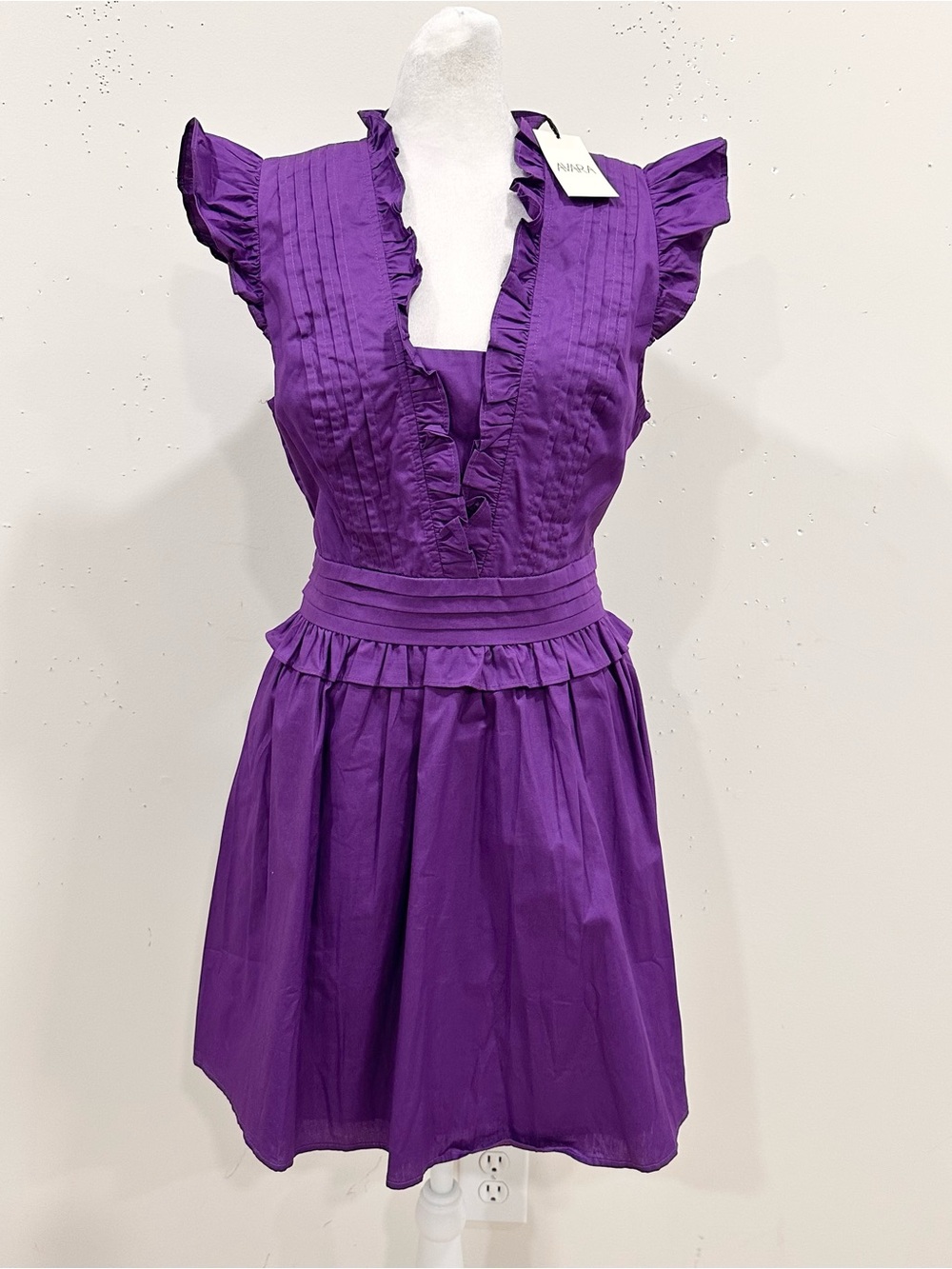 Avara Makayla Purple Flutter Sleeve Ruffle Pintuck Mini Dress Size M NWT